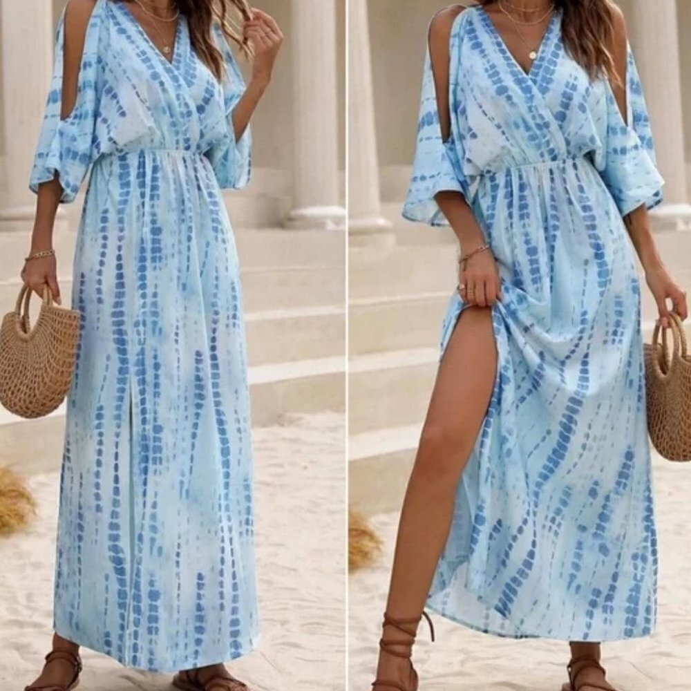 Boho Style Tie dye Cut out Sleeve thigh slit Maxi Dress BLUE